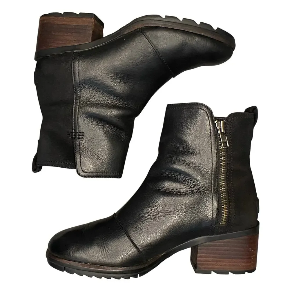 SOREL Cate Bootie Women Sz 7 Black Leather Block Heel Waterproof
